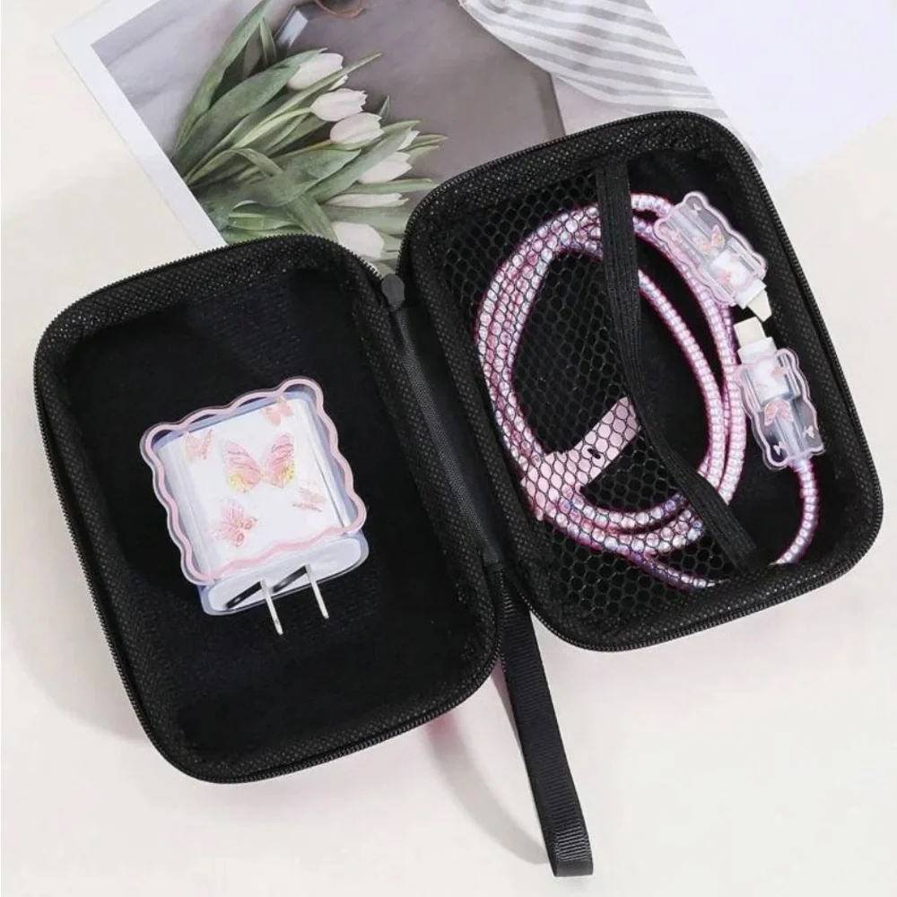 6pcs Butterfly Pattern Data Cable Protector & Charger Head Cover & Storage Bag S